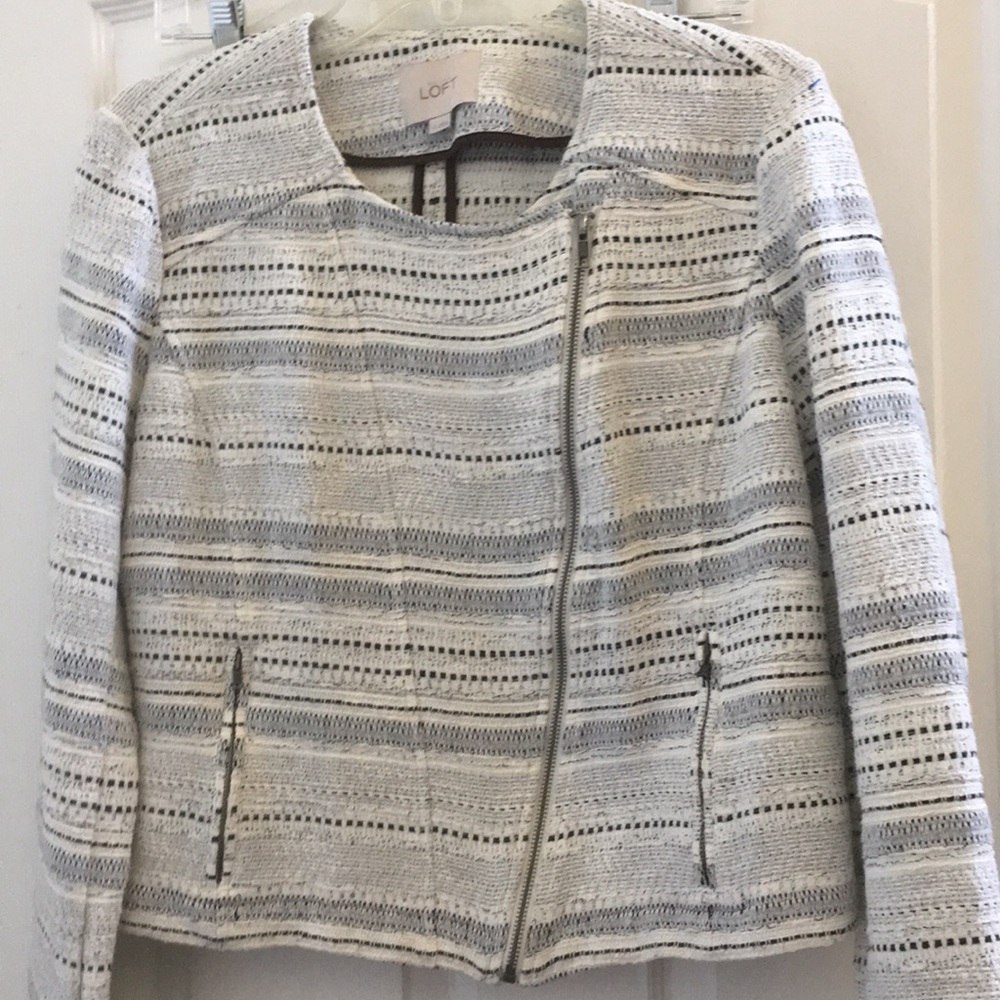 LOFT Cream and Gray Striped Textured Zip Blazer